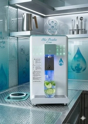 Découvrez l'osmoseur inverse H2, système de filtration par osmose inverse pour une pure et saine au quotidien - avec des images de molécules d'hydrogène et d'eau sur le mur derrière.