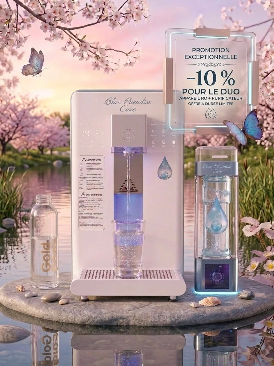 Offre spéciale duo -10%  Blue Paradise Care®  sur les deux appareils achetés ensemble avec le code indiqué DUOBLUE10  pour une eau pure et hydrogénée à tout moment.