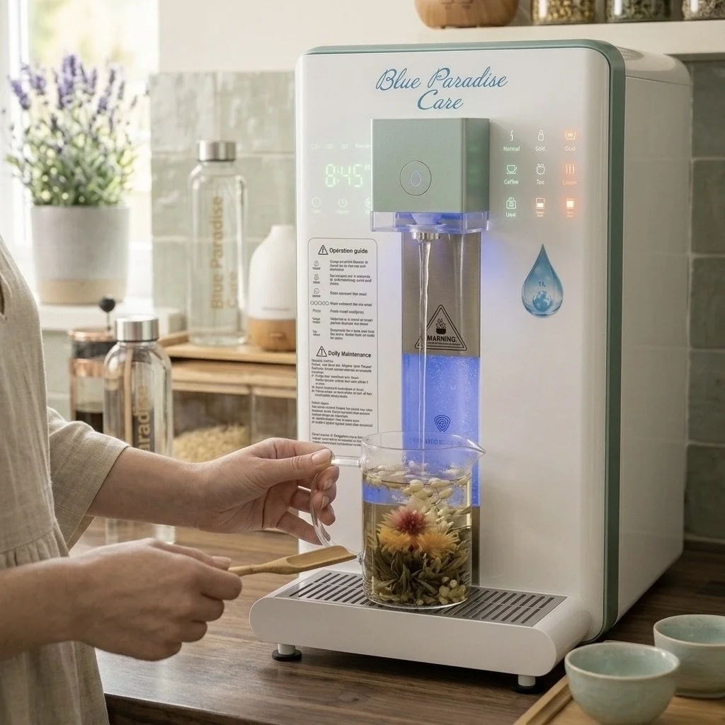 Optimiser vos eaux detox avec la filtration par osmose inverse Blue Paradise Care®. Une eau saine et pure sans installation directement versée dans votre verre. Le design moderne de l'osmoseur s'invite dans votre cuisine, une femme se verse un verre 