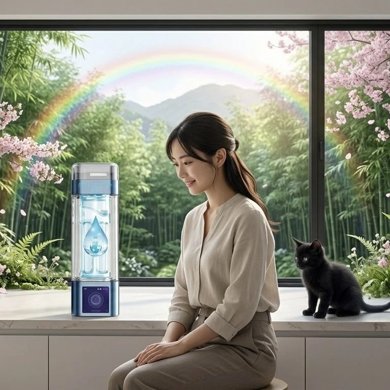 Une femme brune assise près d'une fenêtre large avec un chat noir dans une cuisine. À côté d'elle, la bouteille H2 Blue Paradise Care. Le paysage extérieur montre un arc-en-ciel au-dessus d'une forêt verdoyante et des montagnes en arrière-plan.