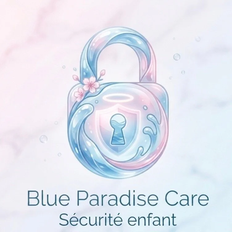 Cadenas translucide style cristal et bleu pastel avec fleurs de cerisier, icône de sécurité pour la technologie Blue Paradise Care®