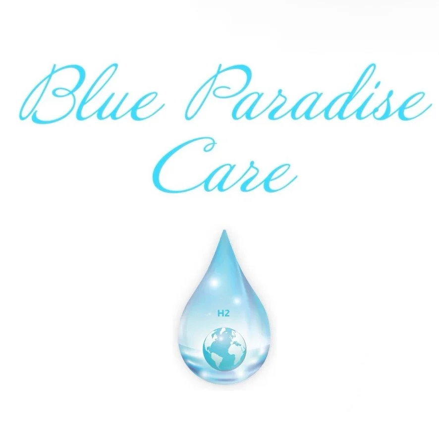 Logo officiel de la marque Blue Paradise Care® écrit en lettres élégante, accompagnée de la goutte d'eau stylisée, incarnant l'identité visuelle de la marque