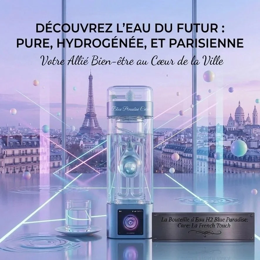 Bouteille d'eau hydrogénée Blue Paradise Care® Bouteille H2 Cocu en France. L'Esprit French Touch, l'art de vivre à la française.
