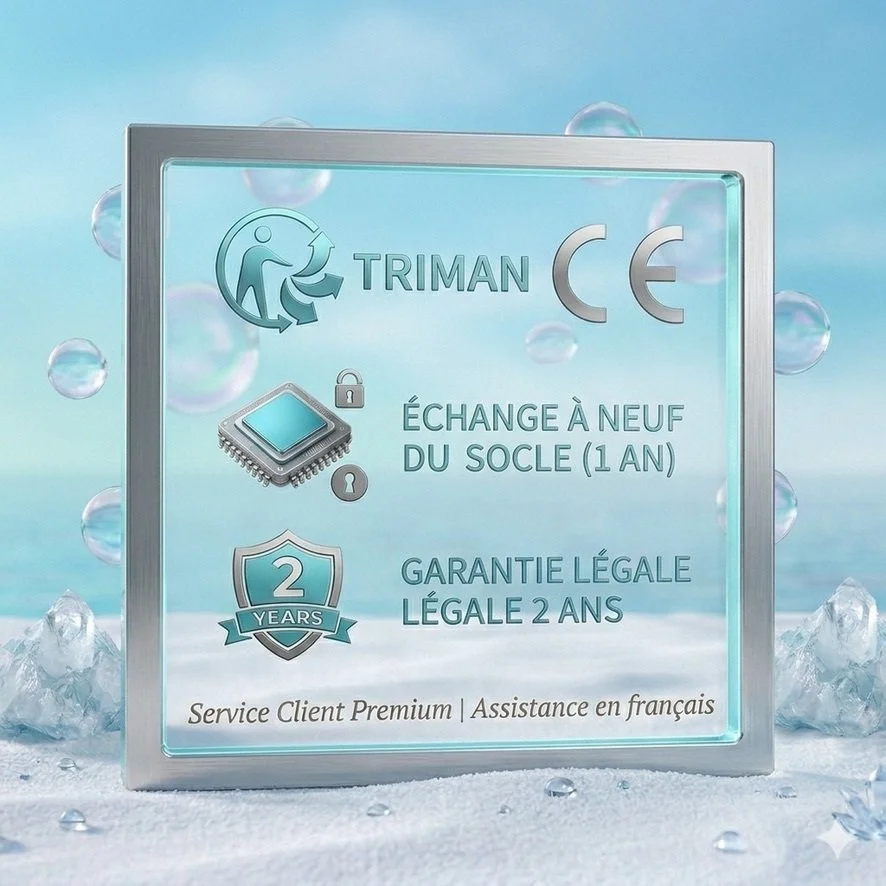 Certification officiel, CE et Triman, (conformité de recyclage) pour Blue Paradise care® ainsi que l'échange du socle pendant un an