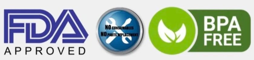 Logos de produits respectant la FDA, sans contaminants nocifs, et sans BPA.