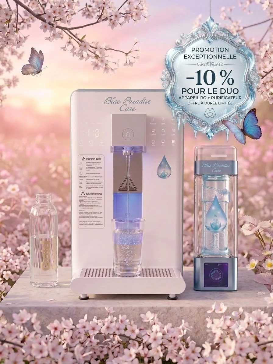 Profitez de l'offre Premium Blue Paradise Care sur l'achat des deux produits avec le code de - 10% DUOBLUE10 pour une eau pure et hydrogénée au quotidien.
