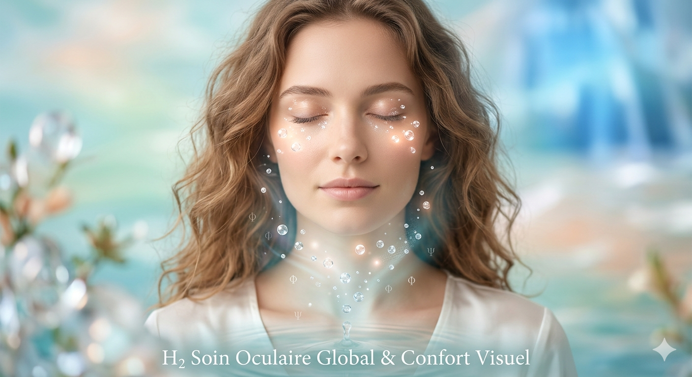 Une femme souriante avec les yeux fermés, entourée d’effets lumineux symbolisant le soin oculaire à  l’hydrogène moléculaire H2 Blue Paradise Care, dans un décor abstrait évoquant la pureté et la santé des yeux.