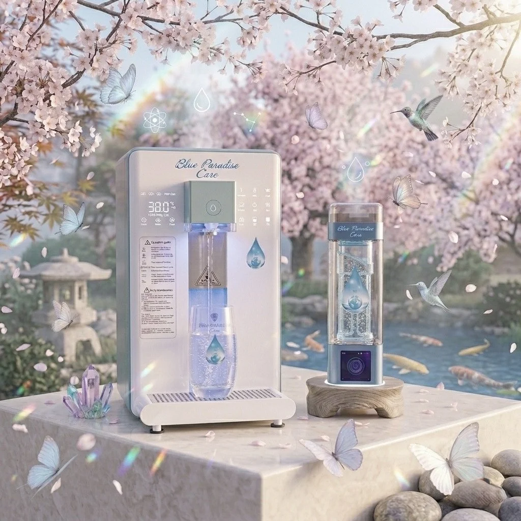 Distributeur d'eau à osmose inverse et bouteille nomade H2 Blue Paradise Care®  sur une table , sur un fond de nature Zen, printanier et de cerisiers en fleurs.
