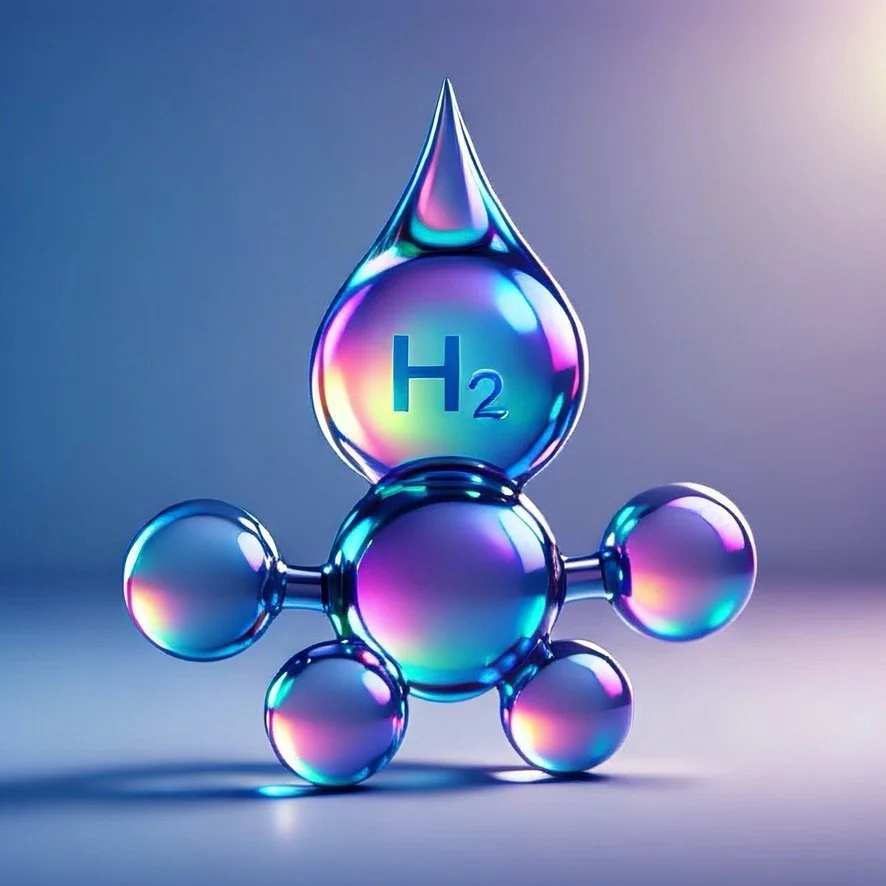 Représentation artistique d'une molécule d'hydrogène avec un symbole H2 logo Blue Paradise Care, à l'intérieur d'une goutte d'eau en verre iridescent, avec un fond flou et lumineux.