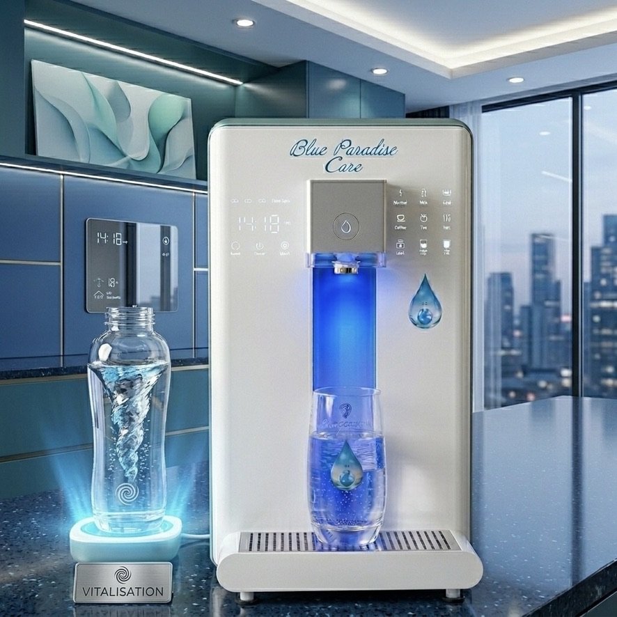 Distributeur d'eau à osmose inverse H2 Blue Paradise Care® dans une cuisine moderne, avec un verre d'eau infusé au citron et concombre. 