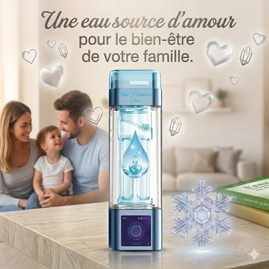Une affiche promotionnelle pour Blue Paradise Care avec une famille souriante, entourée de cœurs, de cristaux et de flocons de neige, évoquant la pureté et la santé, avec un message sur l'eau comme source d'amour pour le bien-être familial heureux