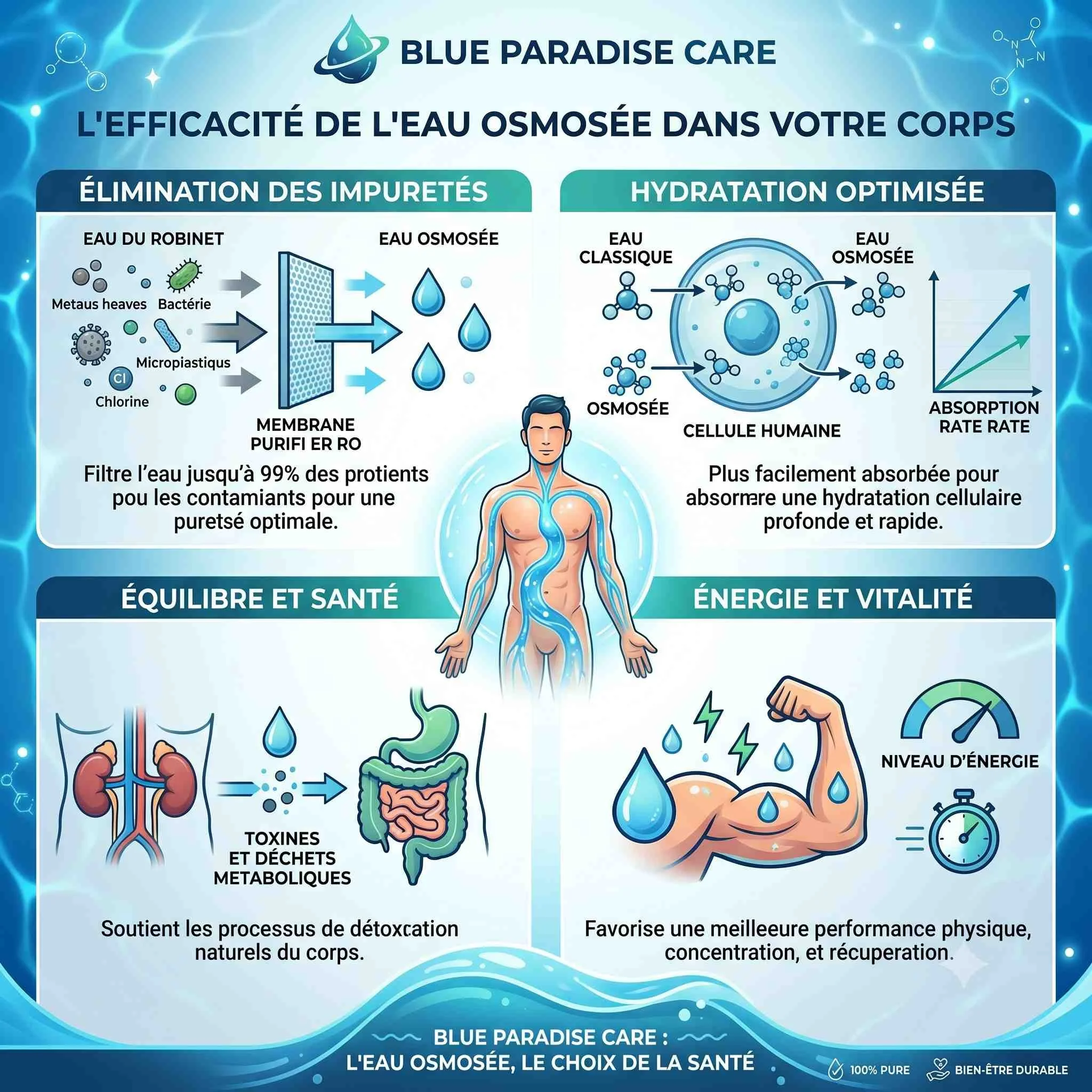 Image sur l'efficacité de l'eau osmosée dans le corps humain - Blue Paradise Care® Pureté hydratation cellulaire, détox et vitalité grace à la pureté de l'eau.