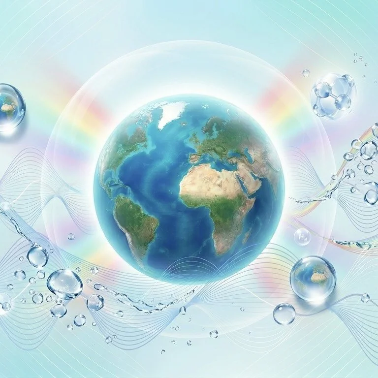 La Terre vue de l'espace avec des bulles et des molécules d'hydrogène, représentant l'eau et l'énergie durable. Les couleurs sont douces et bleutées autour de la terre dans la philosopphie de Blue Paradise Care® 