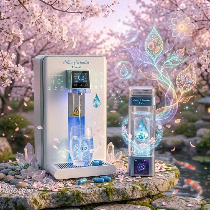 Osmoseur et Bouteille H2 Blue Paradise care® posés une une pierre, dans un décor Zen de nature et de fleurs de cerisiers au bord d'un point d'eau. 