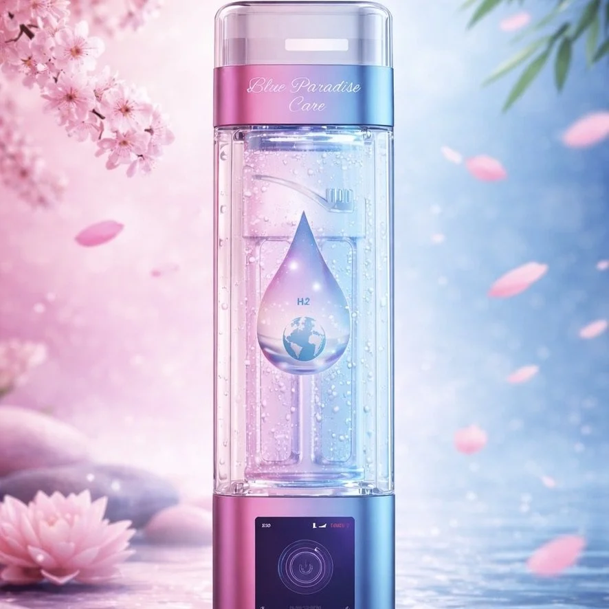 Bouteille Hydrogène Blue Paradise Care® édition Prestige, design, zen, rose et bleu avec pétales de Sakura