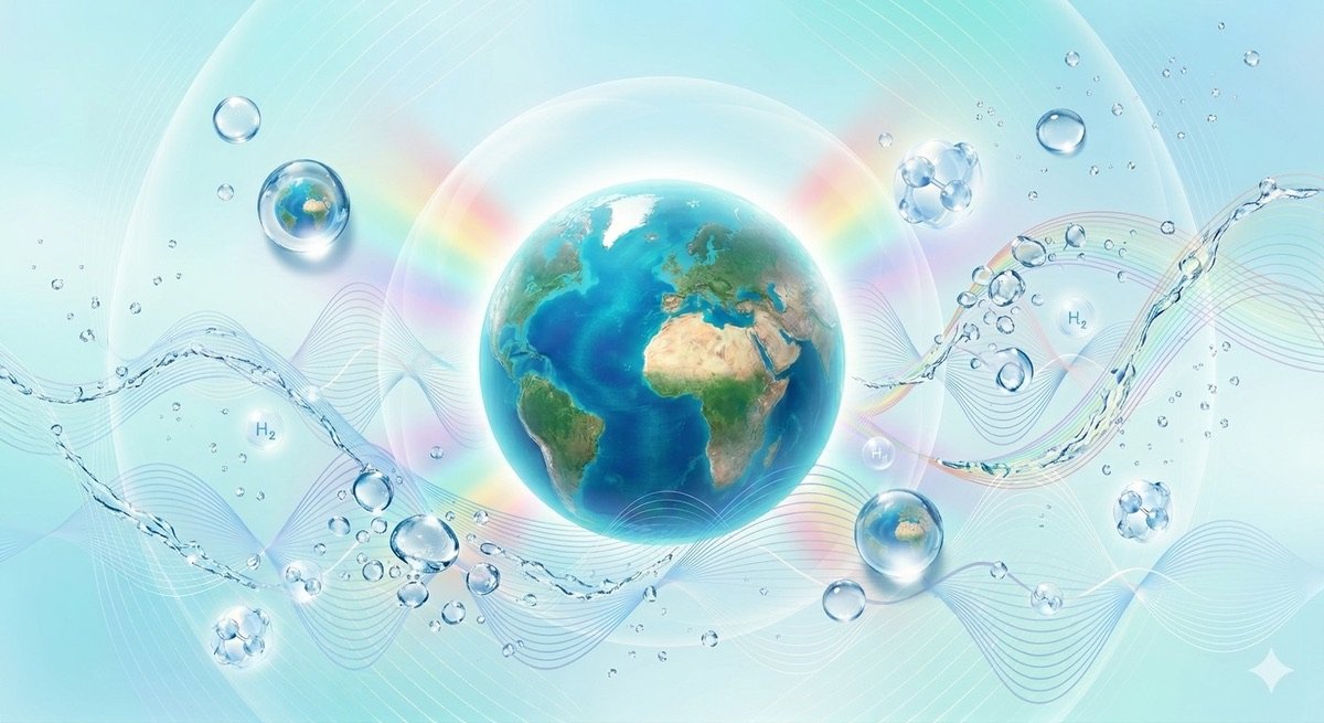 La Terre vue de l'espace avec des bulles et des molécules d'hydrogène, représentant l'eau et l'énergie durable. Les couleurs sont douces et bleutées autour de la terre.