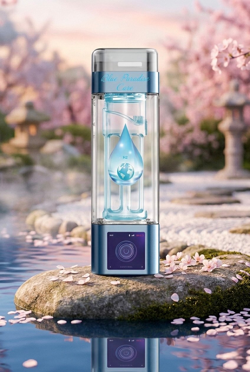 Bouteille Blue Paradise Care® H₂ sur une roche avec de la mousse entouré d’eau. Forêt de cerisier en fleur rose. Ambiance zen et douce au coucher du soleil