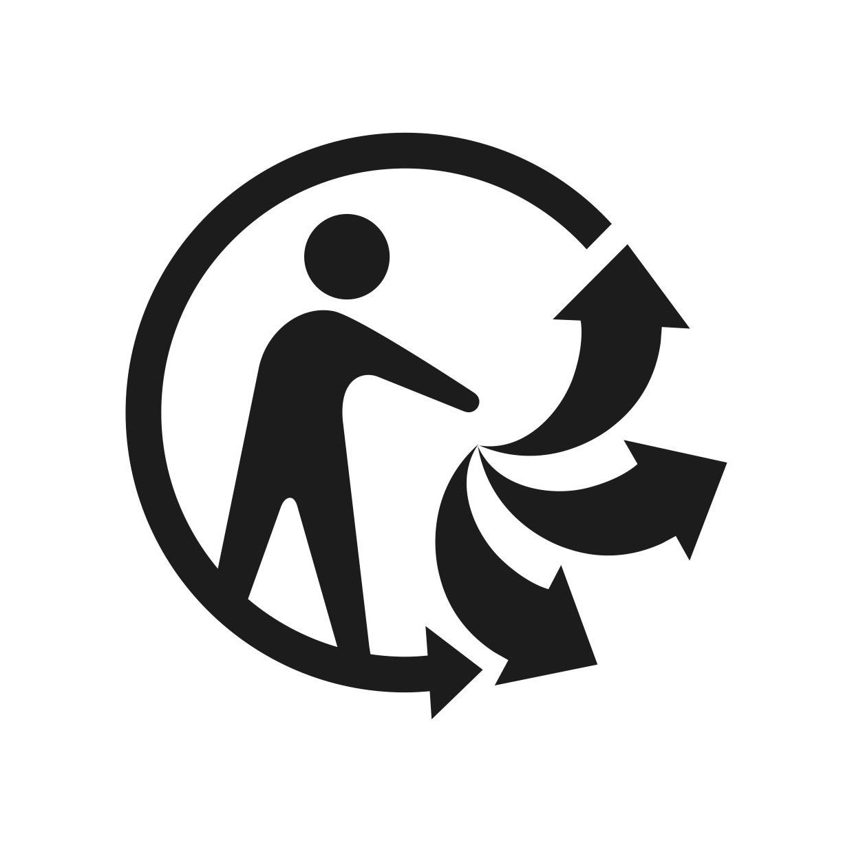Icône noire représentant une personne en train de faire un cycle avec des flèches circulaires autour d'elle.