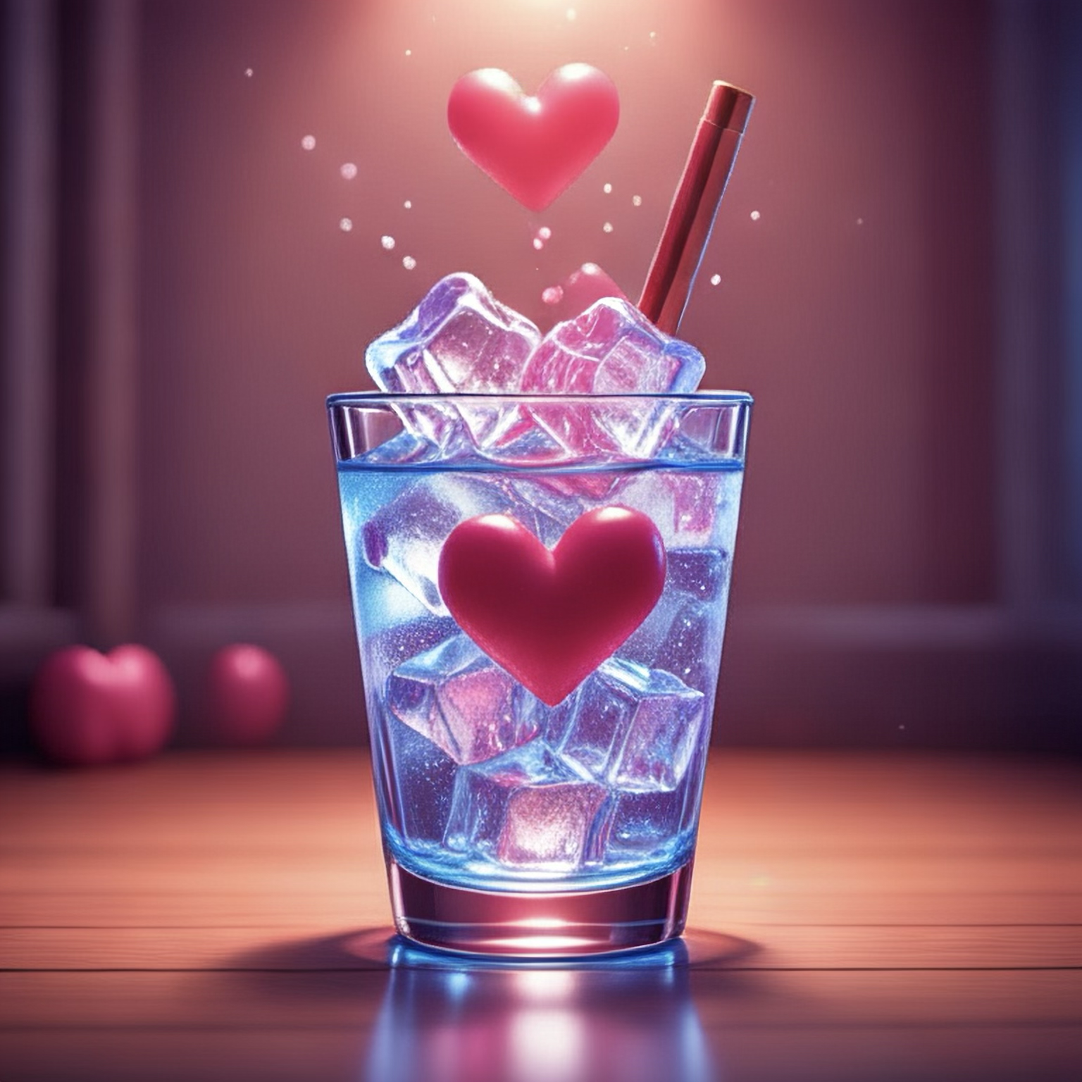 Verre rempli de glace et d'une boisson bleue, décoré de cœurs rouges en plastique et d'une paille, avec une ambiance romantique et chaleureuse.
