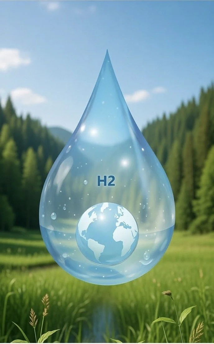 Une goutte d'eau transparente suspendue dans l'air dans une prairie avec des sapins derrière , avec un globe terrestre à l'intérieur et la formule H2 le logo de la marque.