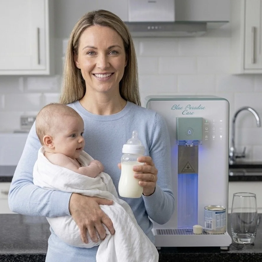 Une maman préparant un biberon pour son bébé avec l'osmoseur Blue Paradise Care® Une pureté absolue pour toute la famille.