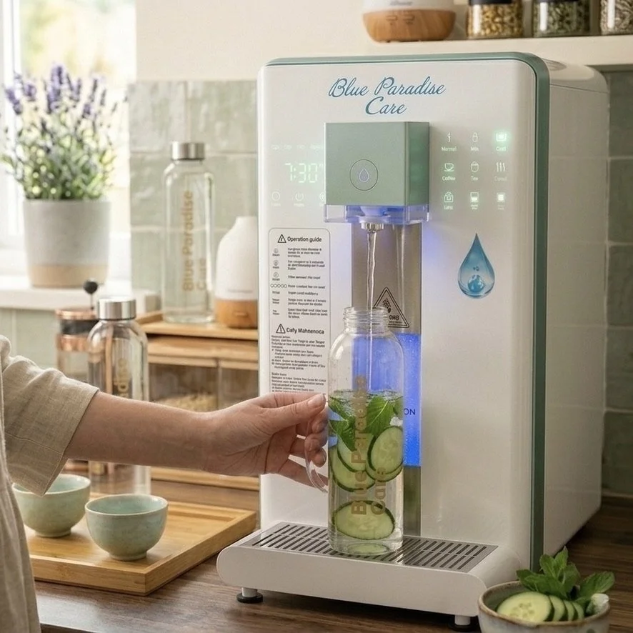 Osmoseur H2 Blue Paradise Care® pour une eau pure et enrichie en minéraux, dans laquelle on y ajoute du concombre pour détoxifier le corps