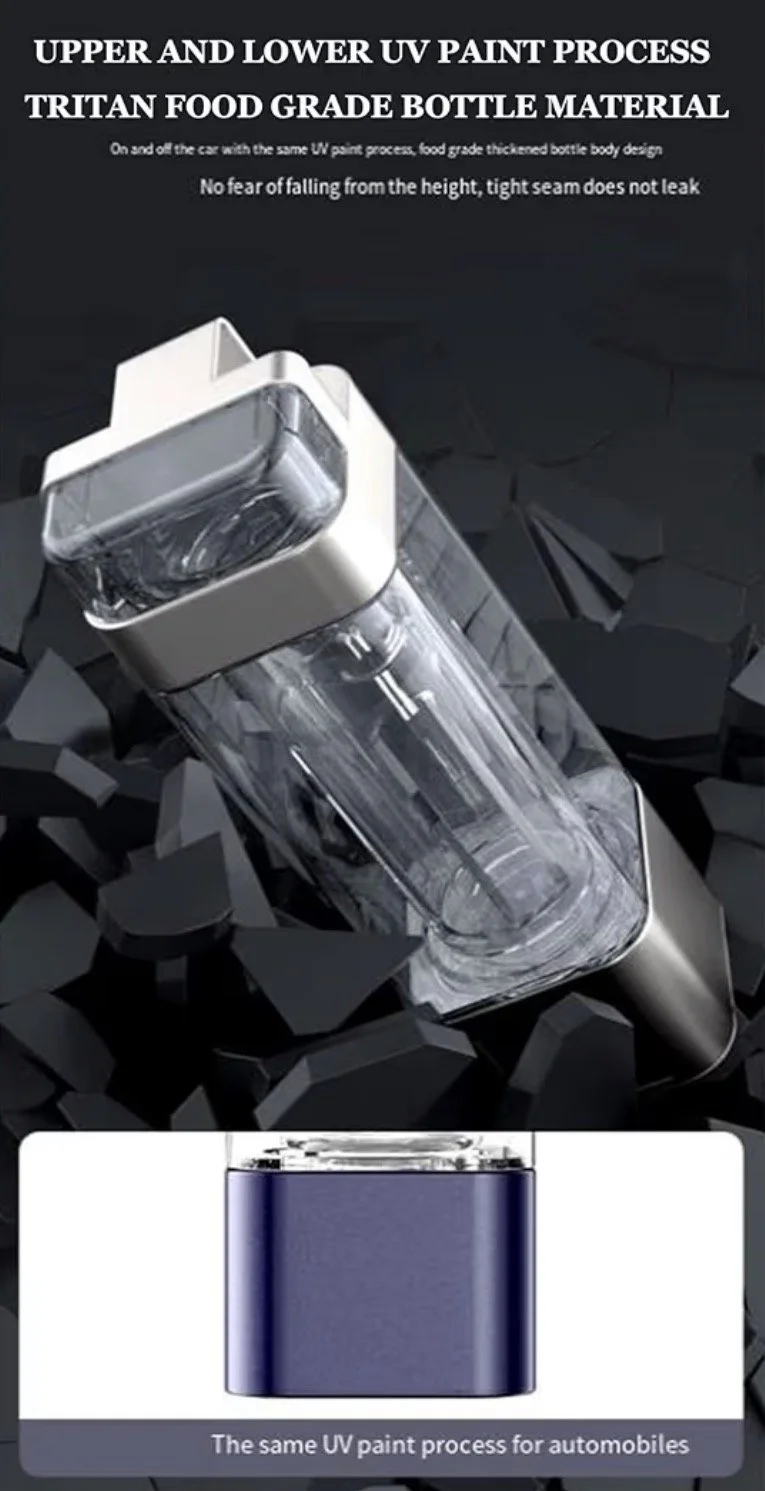 Processus d'application de peinture UV sur une bouteille en plastique Tritan, avec un design renforcé pour l'automobile, montrant la bouteille en position inclinée et une illustration de la bouteille recouverte de peinture UV.