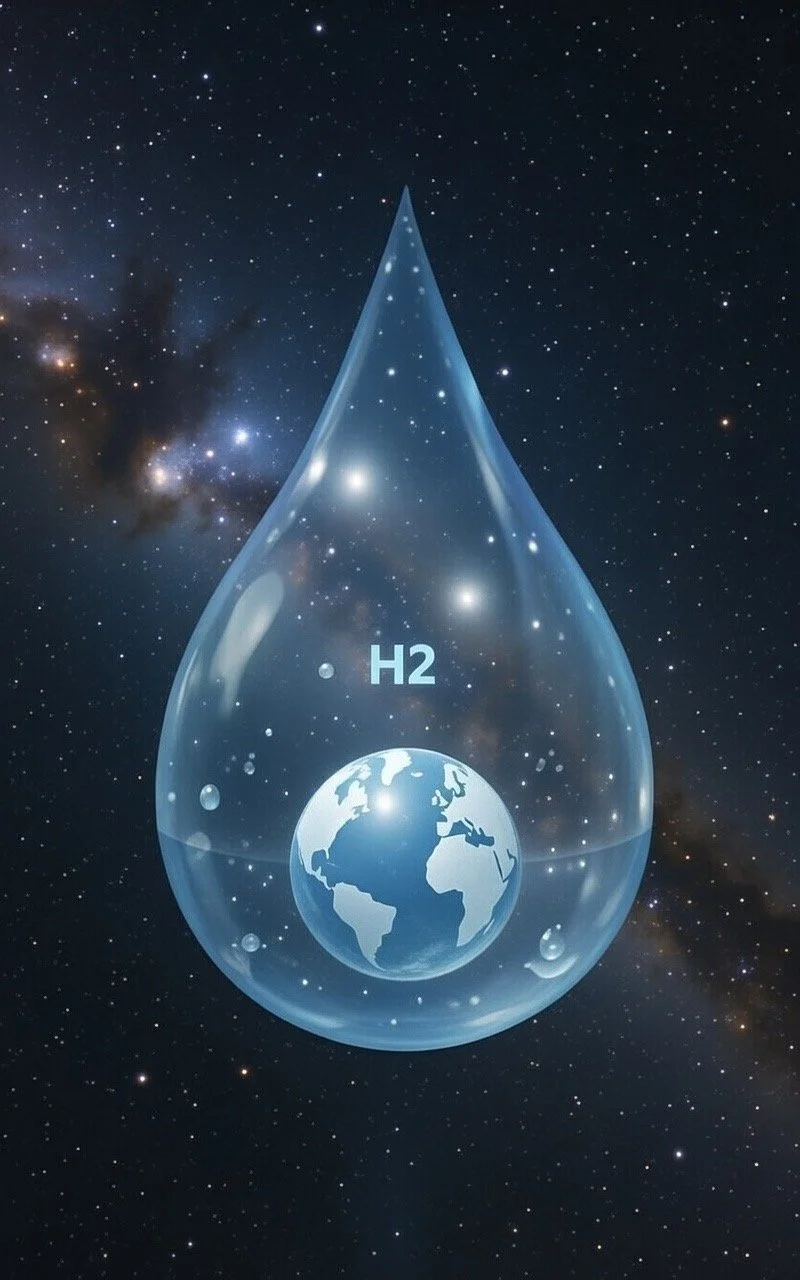 Goutte d'eau en 3D flottant dans l'espace avec la Terre à l'intérieur et la formule chimique H2 indiquée.