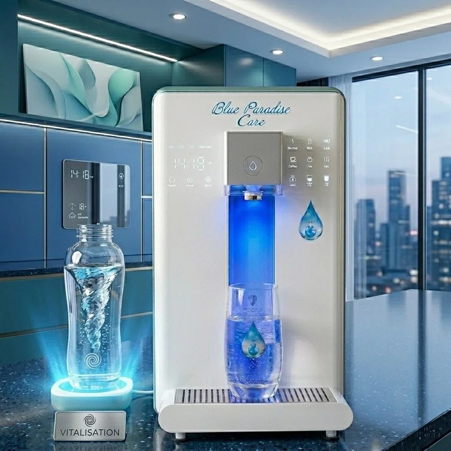 Osmoseur H2 Blue Paradise Care® et système de vitalisation de l'eau pour la structure de l'eau après osmose inverse.