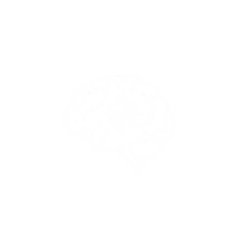 A white line drawing of a human brain with a checkmark inside a circle over the center of the brain, on a black background.