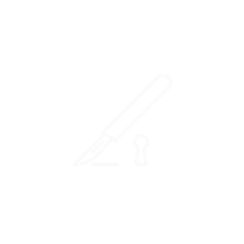 Outline illustration of a knife with a black handle, pointed downwards, with a small keyhole symbol beneath it on a black background.