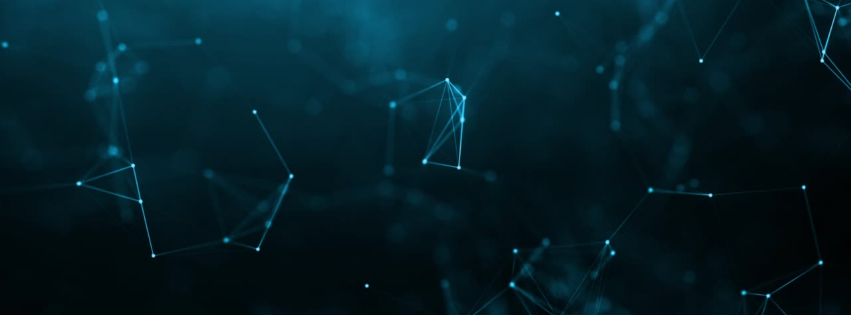 Abstract digital network with interconnected points and lines on a dark background.