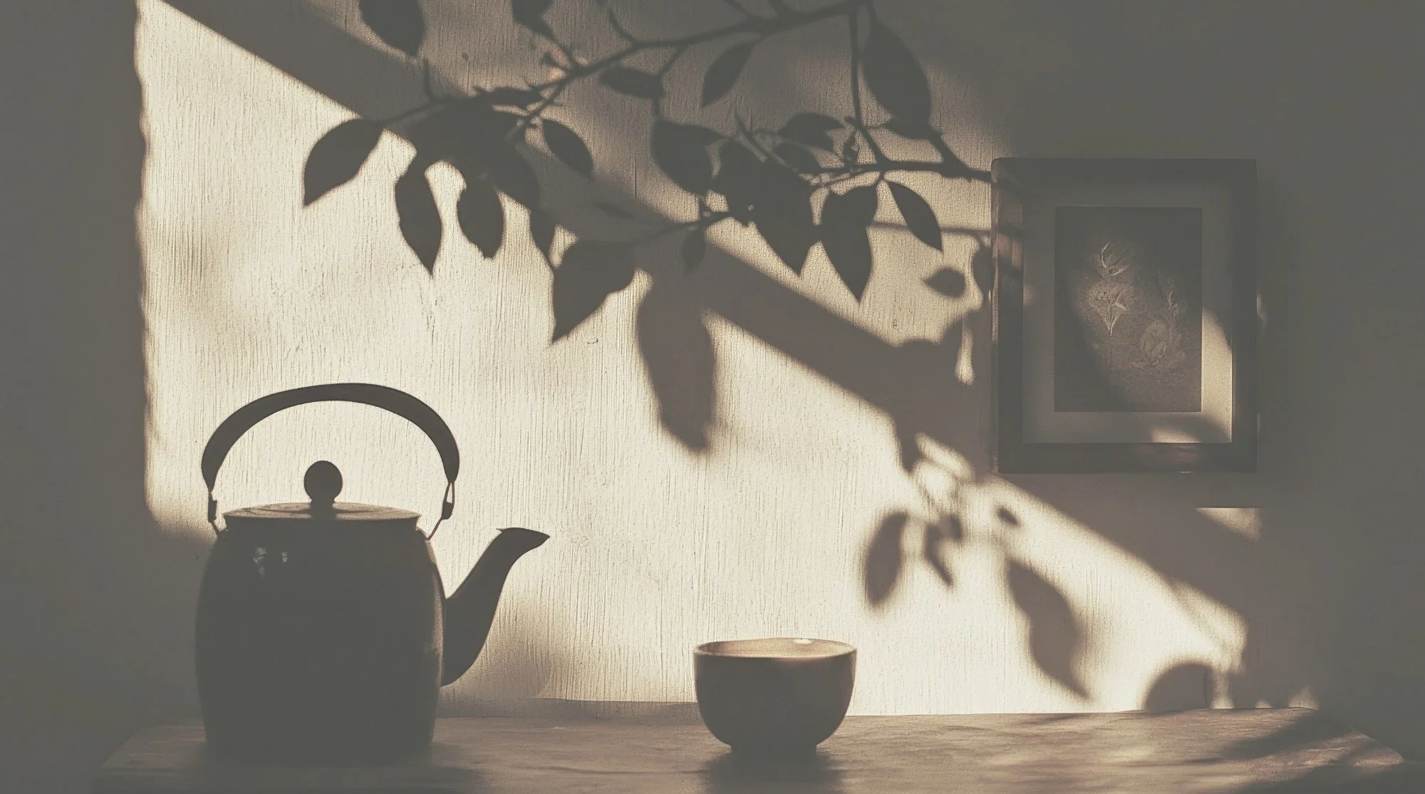 Silhouette of a teapot and a bowl on a wooden surface with shadows of leaves and a framed picture on a wall.