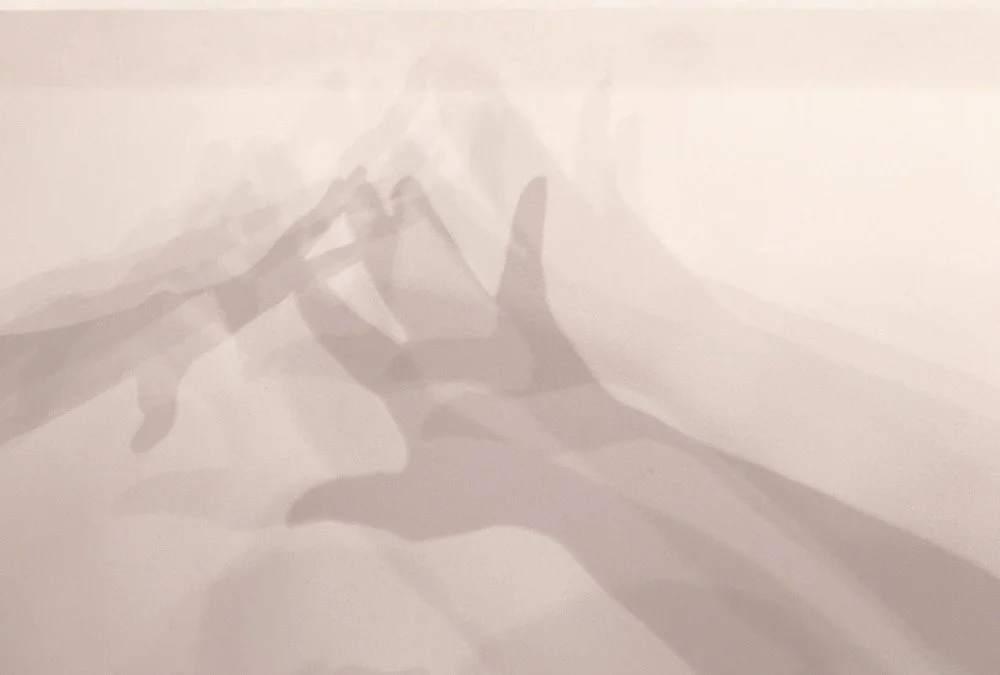 The image shows shadows of two hands making a heart shape on a white wall or surface.