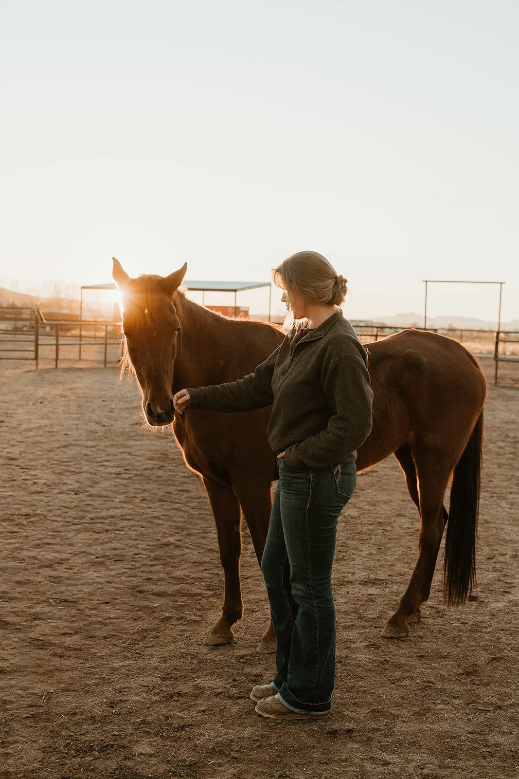 A woman with light brown hair in a bun wearing a black fleece jacket and jeans standing in a dirt arena, gently touching a brown horse's face during sunset.