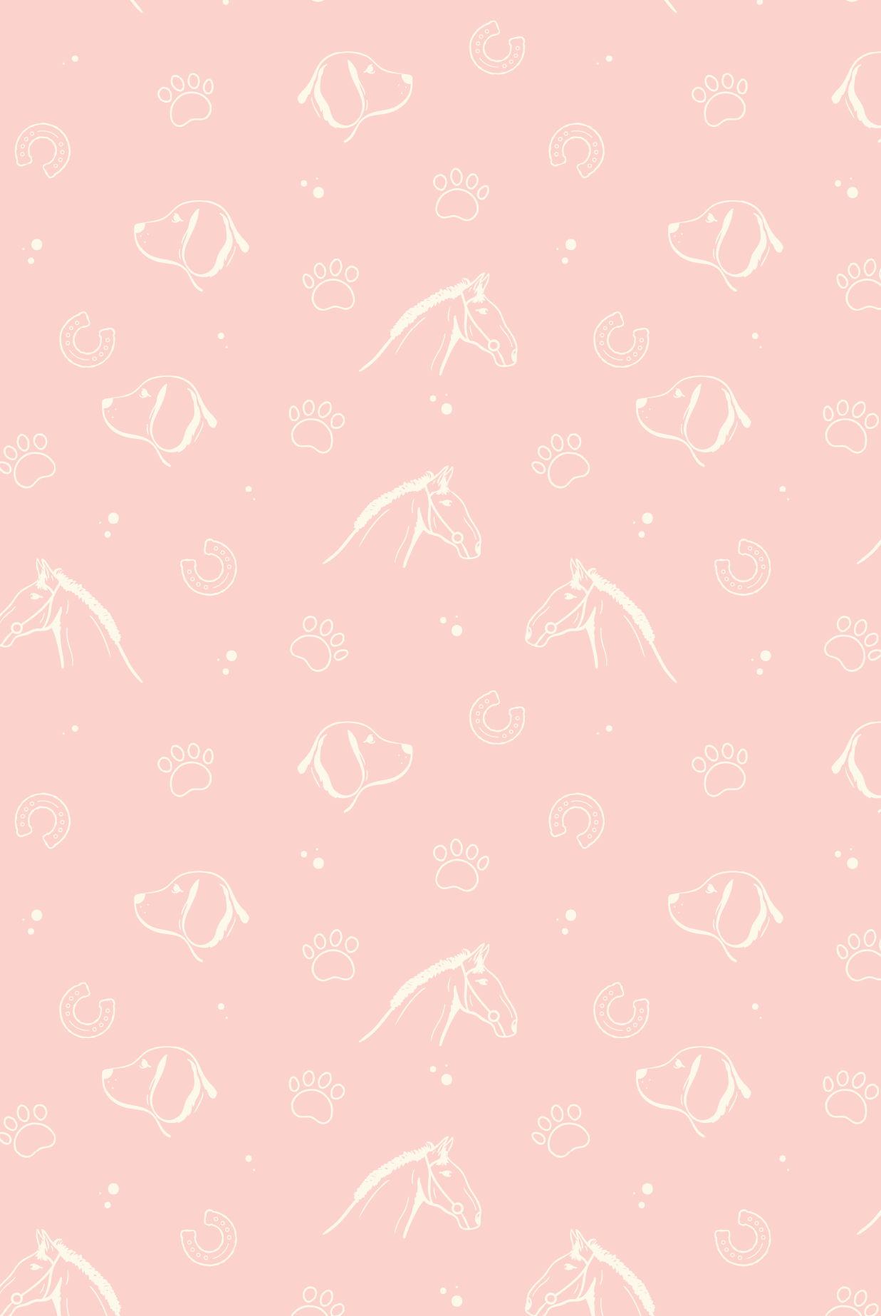 Pink background with white outline illustrations of horse heads, dog heads, paw prints, and horseshoe shapes scattered across.