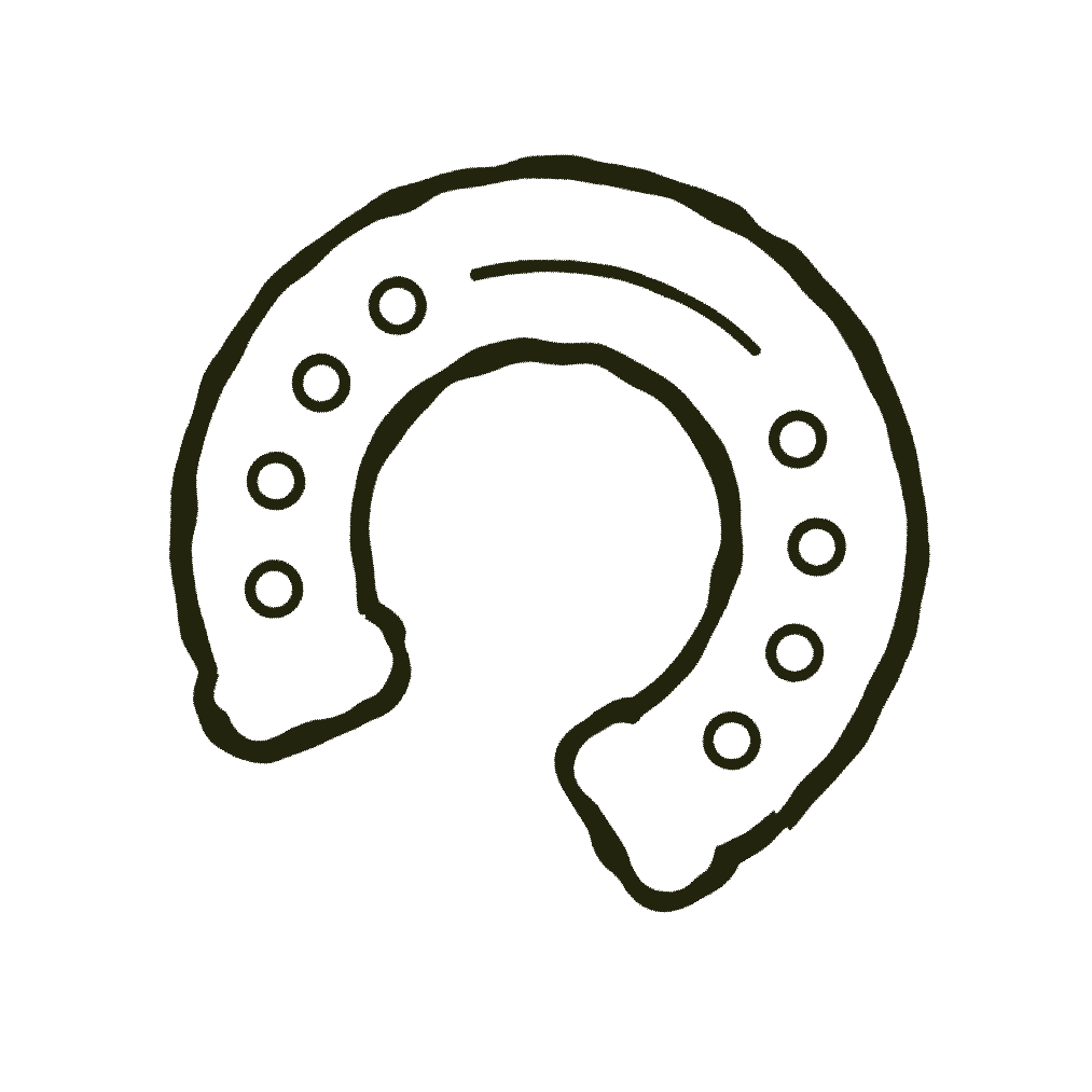 Outline drawing of a horseshoe with small circles and lines inside it.