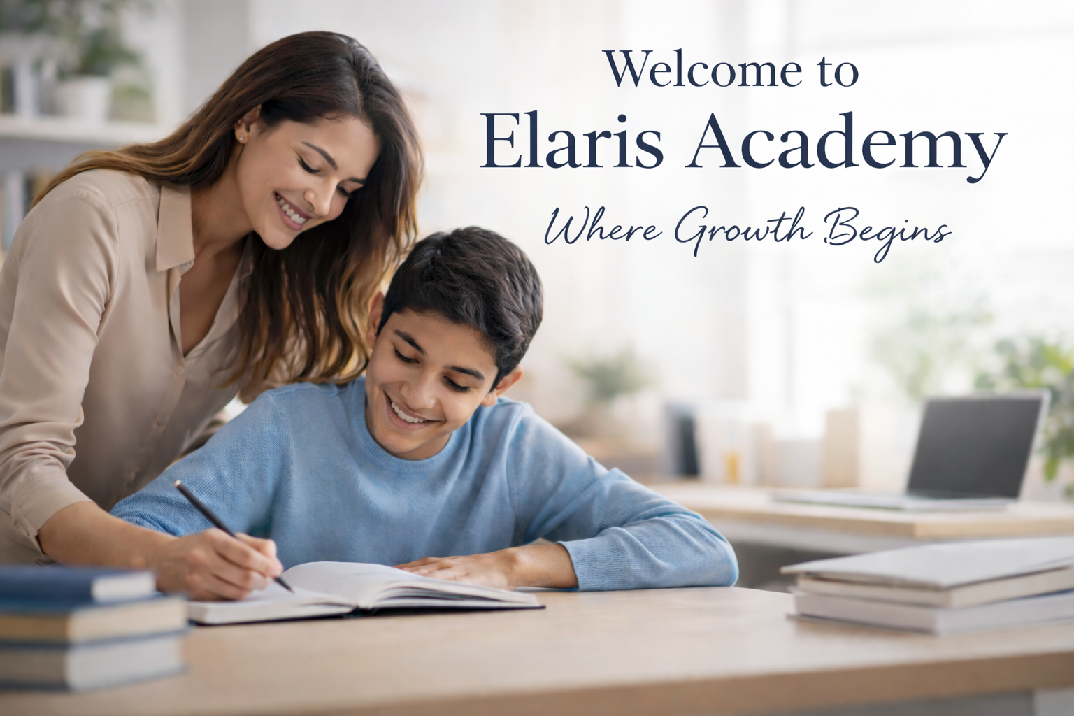 A woman and a young boy smiling at a book on a desk in a bright room with a welcoming message for Elaris Academy.
