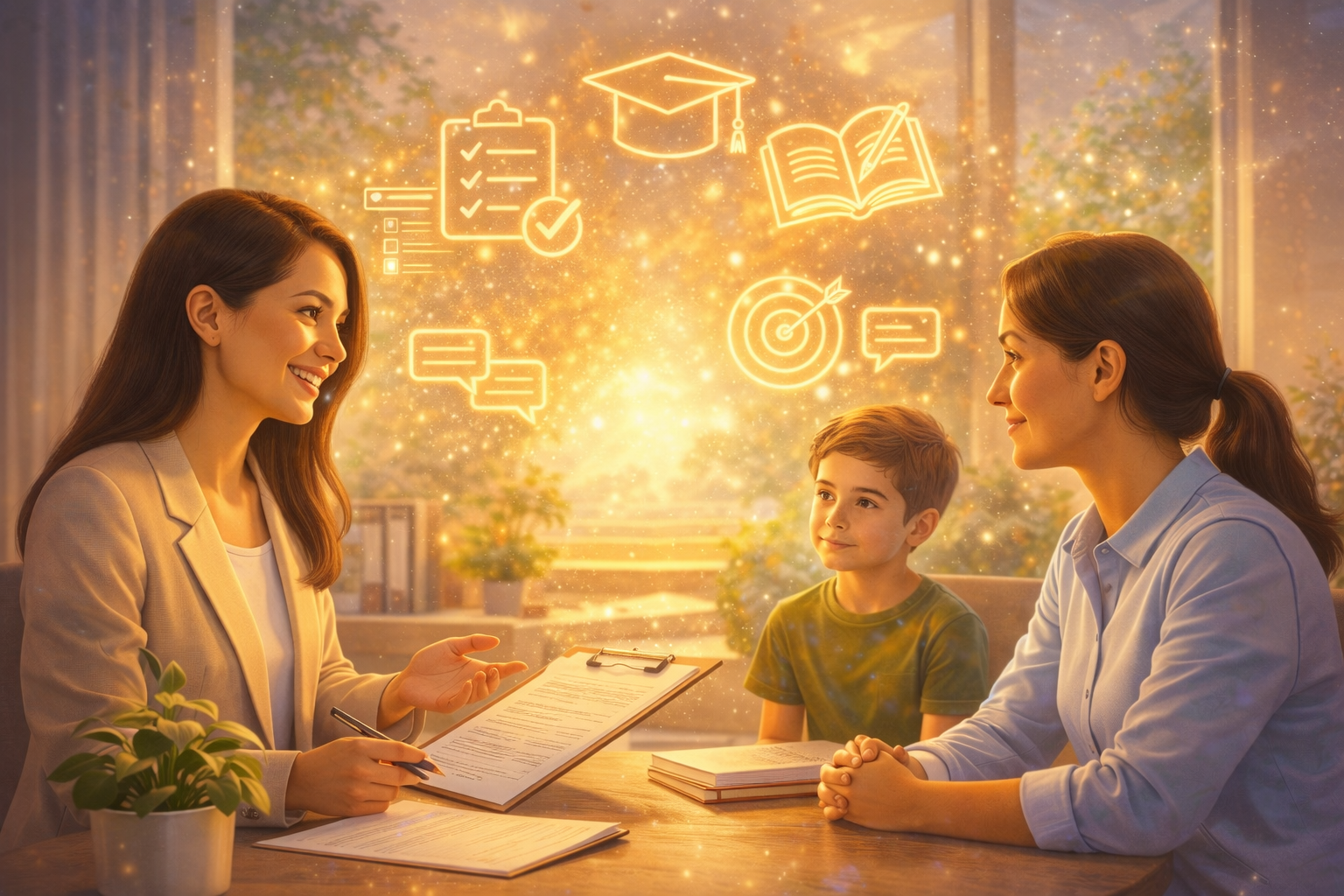 Two women and a boy engaging in a discussion at a table, with digital educational icons floating above, in a warmly lit room with a large window and plants.
