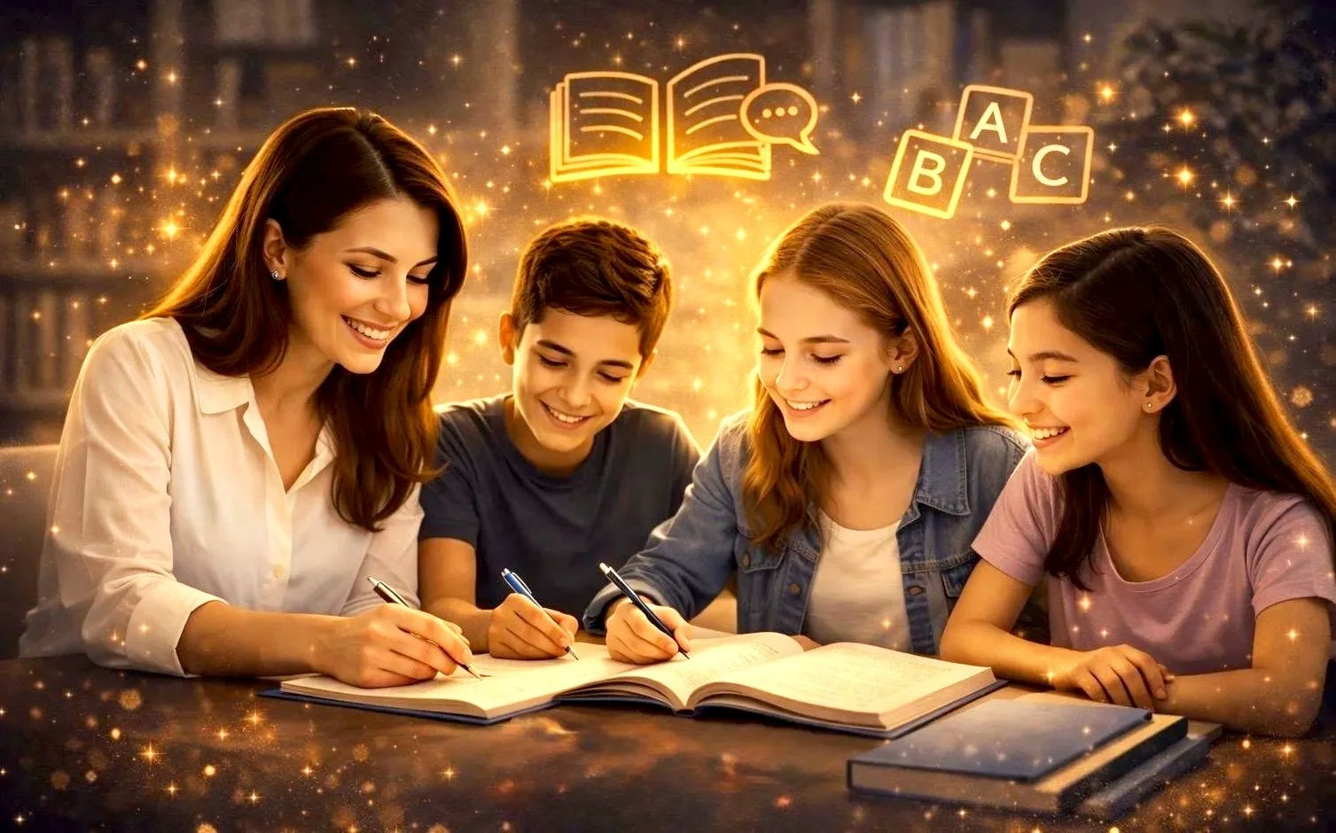 Group of four smiling students studying together at a table with books, with animated educational icons like an open book, speech bubble, and ABC blocks above them, surrounded by sparkling lights.