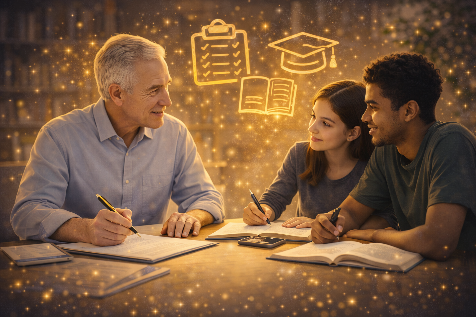 Three people sitting at a table with books and electronic devices, engaged in a discussion about education or learning, with glowing icons of a checklist, graduation cap, and open book above them.
