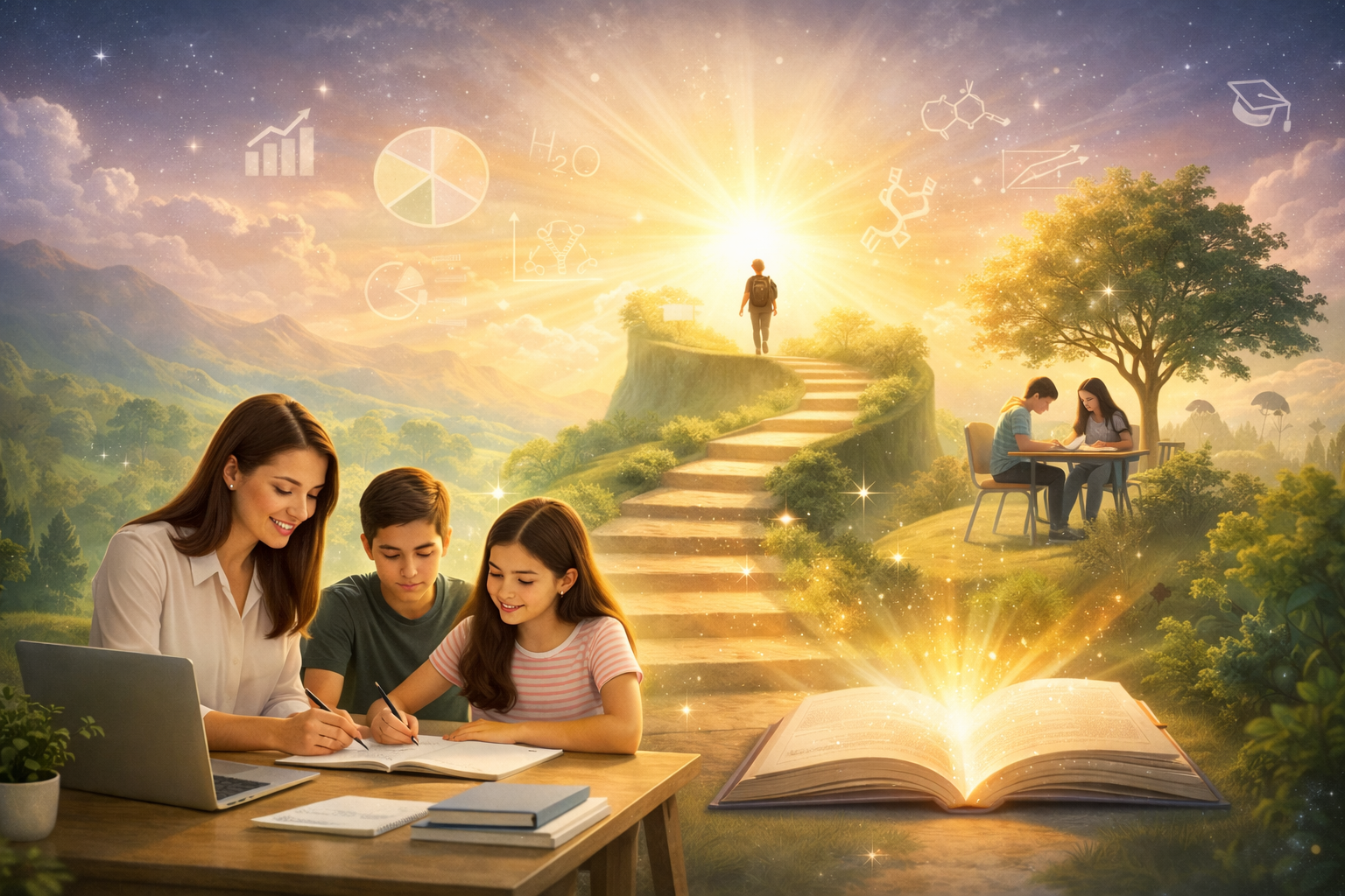 A woman and three children studying at a desk with a laptop, surrounded by a scenic background with mountains, trees, and a glowing staircase leading to a bright light in the sky. Floating scientific and mathematical symbols and graphs are also present in the sky.