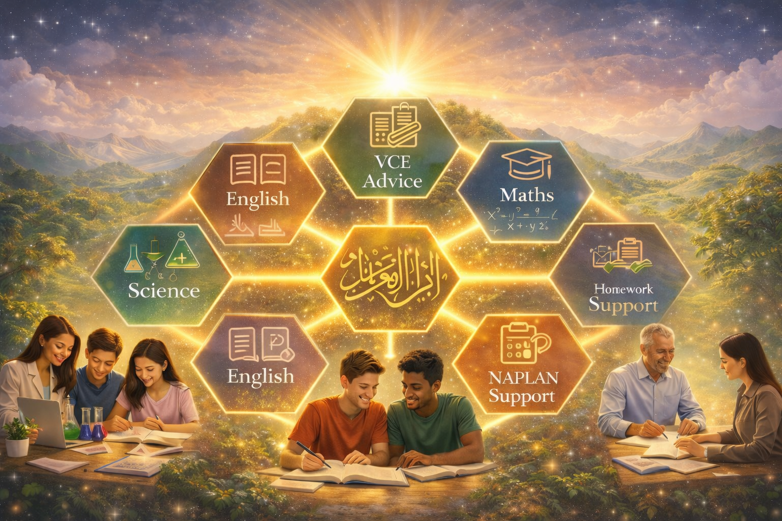 A digital graphic showcasing various educational subjects and support services arranged in hexagons with a glowing effect, set against a mountainous background with a sunrise and students studying at tables in the foreground.