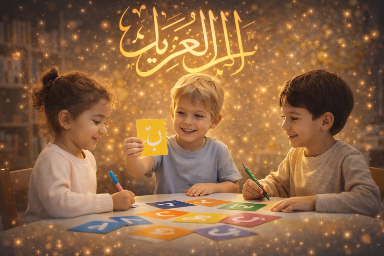 Three young adults sitting at a table with open books, smiling and writing with pens, surrounded by glowing golden sparkles and Arabic text that translates to 'Eid Mubarak' in the background.