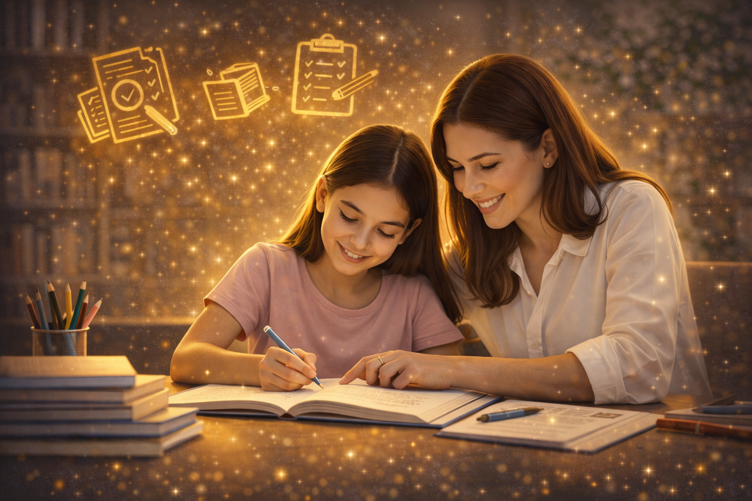 A woman and a girl studying together at a desk, smiling and looking at a notebook, with glowing icons of documents and checklists floating above them.