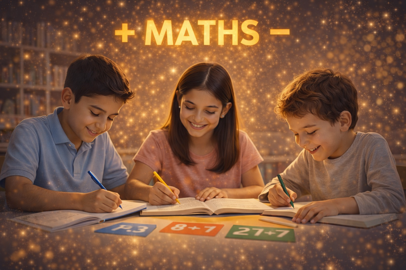 Two students, a young man and a young woman, are studying together at a table with open books, smiling and writing. Surrounding them are glowing scientific and mathematical icons, including a beaker, a calculator, mathematical formulas, the pi symbol, a triangle, and a graph, creating a glowing, educational atmosphere.
