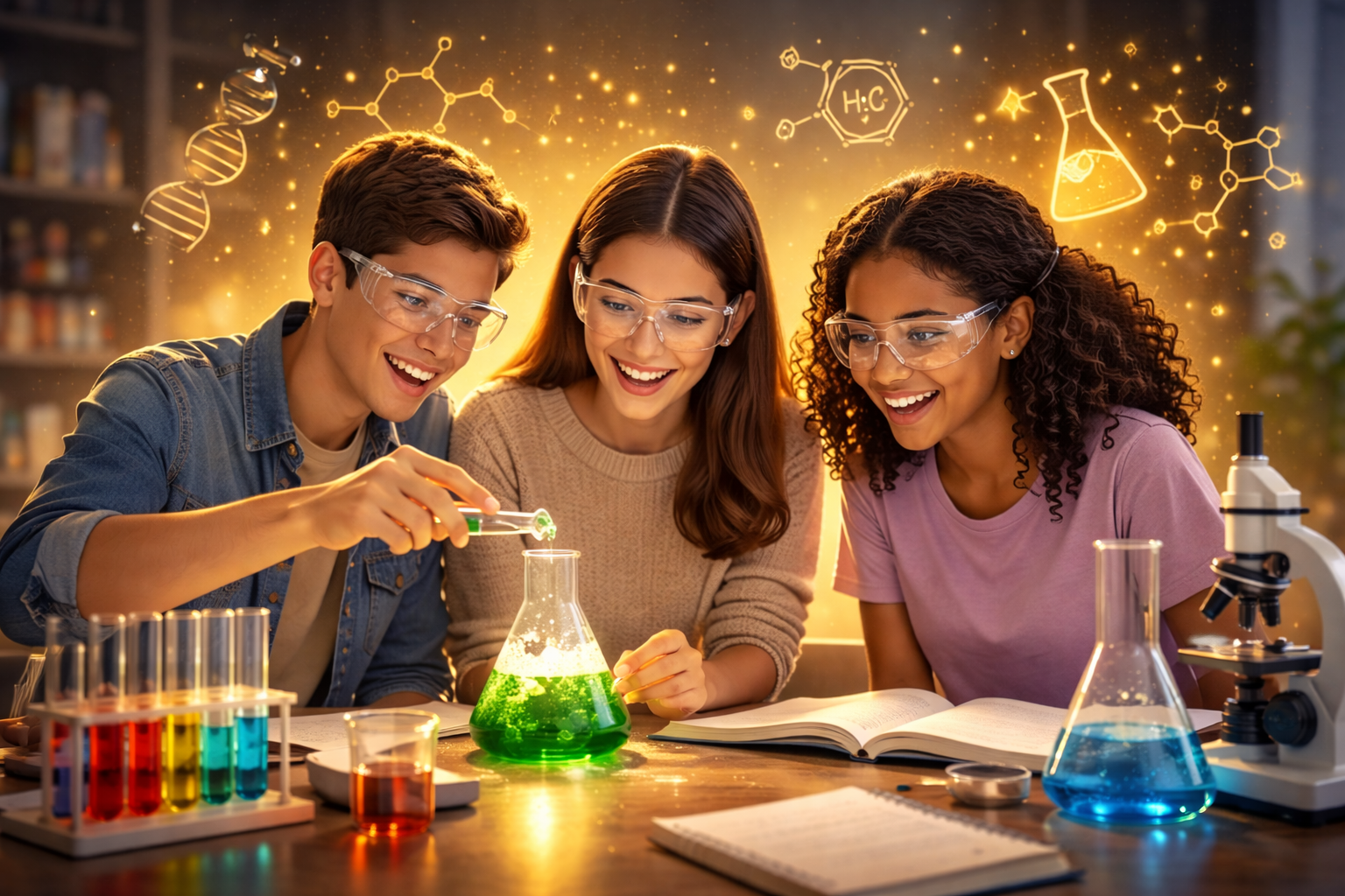 Three students in goggles working in a chemistry lab with flasks and a microscope, smiling and conducting experiments.