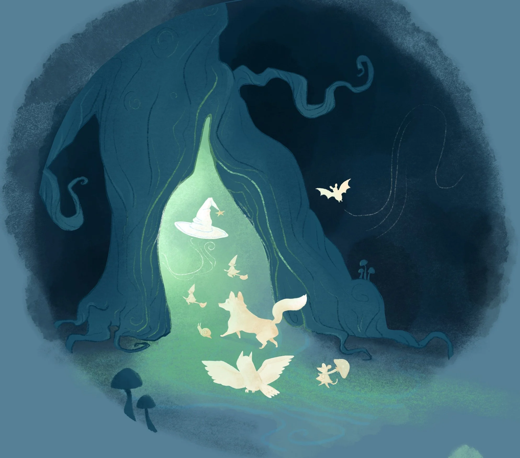 Forest animals enter a portal in an enchanted tree