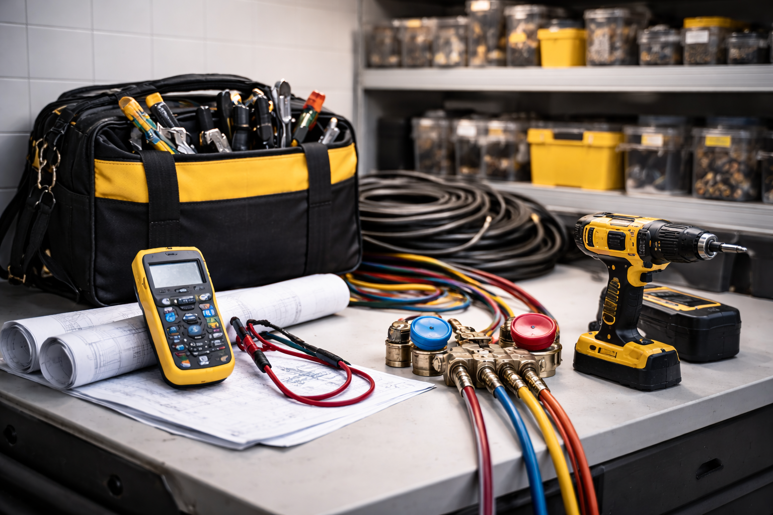 Electrical work tools and equipment on a workbench, including a power drill, multimeter, rolled blueprints, colored wires, and brass manifold, with storage bins in the background.