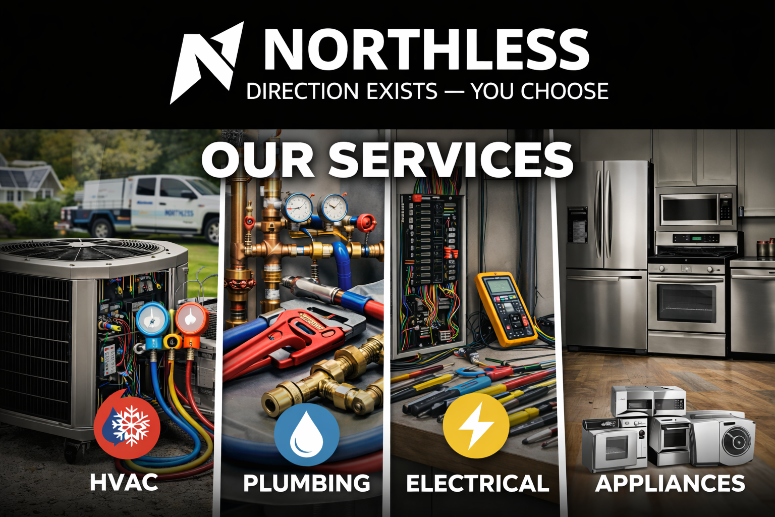 A promotional image for Northless services showcasing HVAC, plumbing, electrical, and appliances. The HVAC section has an outdoor unit with colored gauges and wires. The plumbing section shows brass fittings and valve tools. The electrical section displays an open breaker box with multicolored wires, a multimeter, and pliers. The appliances section features a kitchen with stainless steel appliances and a stack of modern laundry machines.